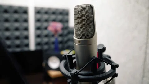 Recording studio, microphone close-up. Podcast recording, radio Stock Footage 255976250