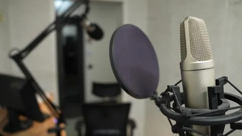 Recording studio, microphone close-up. Podcast recording, radio Stock Footage 255976272