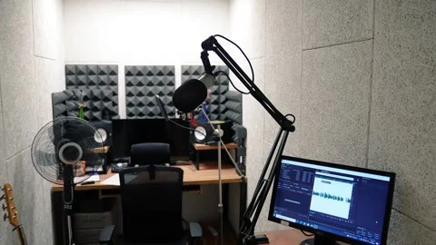 Recording studio, microphone close-up. Podcast recording, radio Stock Footage 255976286