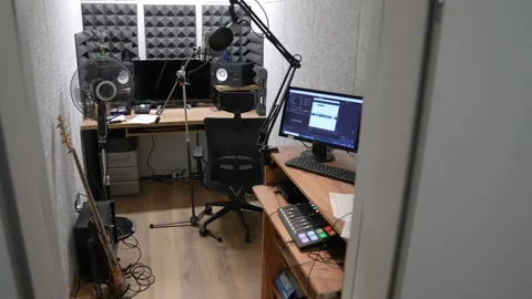 Recording studio, microphone close-up. Podcast recording, radio Stock Footage 255976290