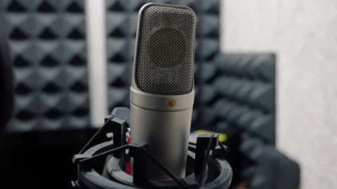 Recording studio, microphone close-up. Podcast recording, radio Stock Footage 255976296