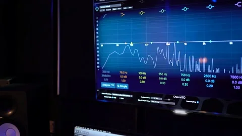 Recording studio, process of recording editing sounds songs monitor screen of an Stock-Footage 153465142