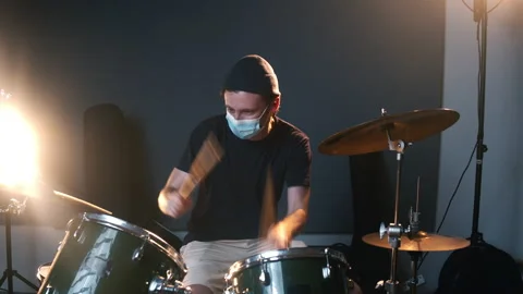 Recording studio room. Man playing with drums. Life of musicians throughout the Stock Footage 151014548