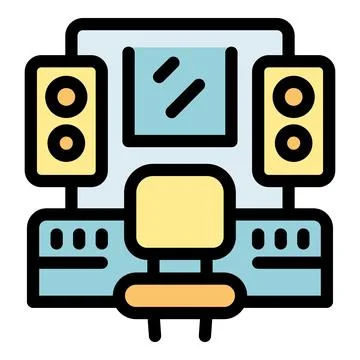 Recording studio setup with mixing console, chair, speakers, and window Stock Illustration