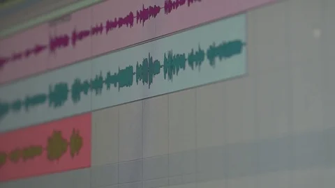 Recording studio, view of interface of program for recording music, sound peaks. Stock Footage 83802110