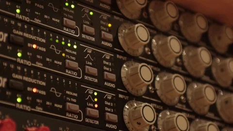 Recording studio_compressor_blinking levels close up Video stock 73913139