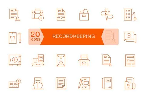 Recordkeeping Vector Icon Library with 24 Thin Line Retina Ready Editable D.. Illustrazione stock