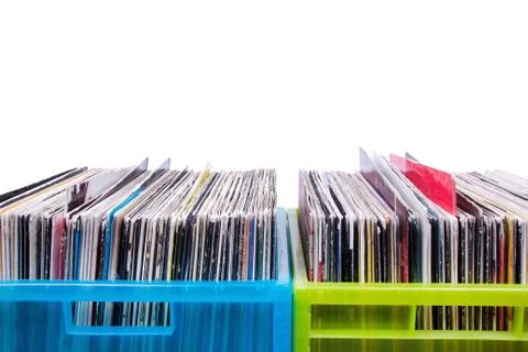 Records in plastic boxes Stockfoto's