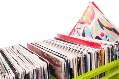 Records in plastic boxes on white 写真素材