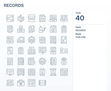 Records Professional Vector Set with 40 Thin Line Pixel Optimized Retina Re.. Stock Illustration