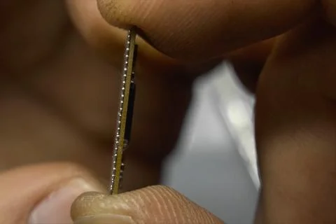 Recovered computer microprocessor chip is in the hands of a man. 写真素材