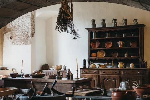 Recreated exhibit of medieval kitchen inside Vianden Castle, Luxembourg. Stock Photos