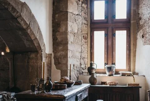 Recreated exhibit of medieval kitchen inside Vianden Castle, Luxembourg. Stock Photos