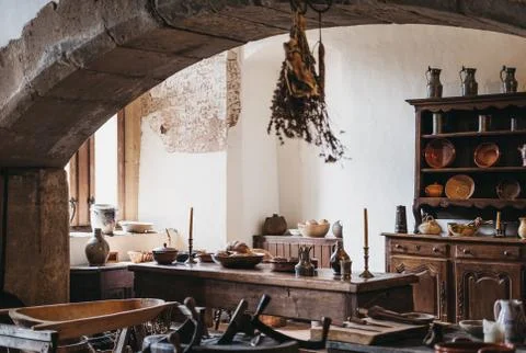 Recreated exhibit of medieval kitchen inside Vianden Castle, Luxembourg. Stock Photos