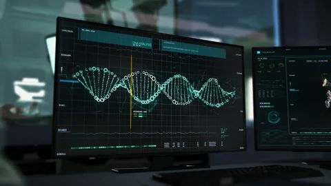 Recreating a piece of human DNA inside a computer. Vaccine development. UI Stock Footage 275893638