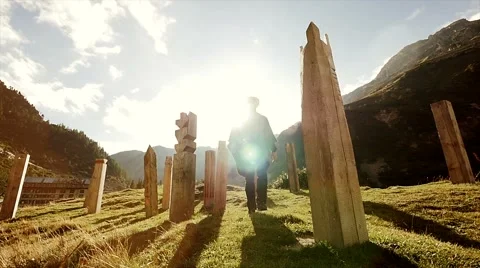 Recreation activity outdoors at sunset sky. man walking Stock Footage 64802478