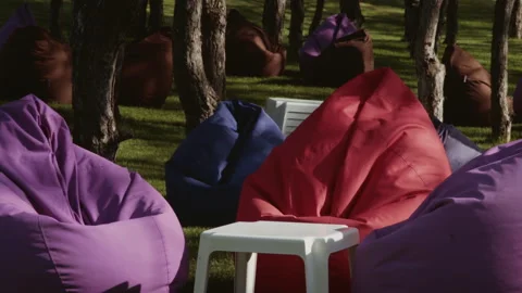 A recreation area for park visitors with soft seating in the shade of trees Stock Footage 341437552