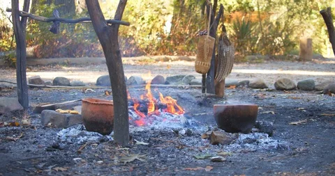 Recreation of Native American Camp, Reenactment, Empty Fire Stock Footage 120928267