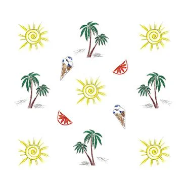 Recreation. Pattern. Palm trees, sun, ice cream, orange slices. Doodle style. Stock Illustration