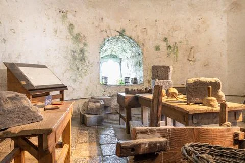 Recreation of a stone mason's workshop inside King John's Castle, Limerick Stock Photos