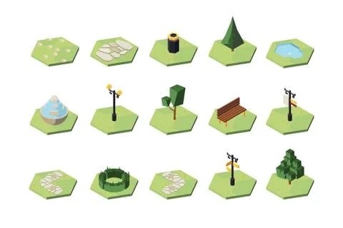 Recreational park design elements isometric 3D vector illustrations set 스톡 일러스트