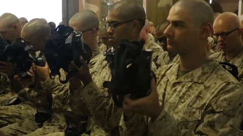 Recruit Training Battalion practice filling their gas masks with tear gas - 2014 Vídeos de archivo 101182765