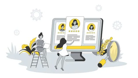 Recruiting concept in flat design with people. Women HR managers looking for new Stock Illustration