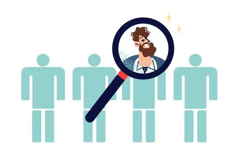 Recruiting process for for vacancy, with magnifying glass over man face near Stockillustratie