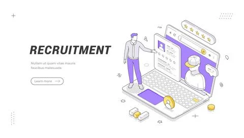 Recruitment banner template. Isometric vector illustration of a manager revie 库存插图