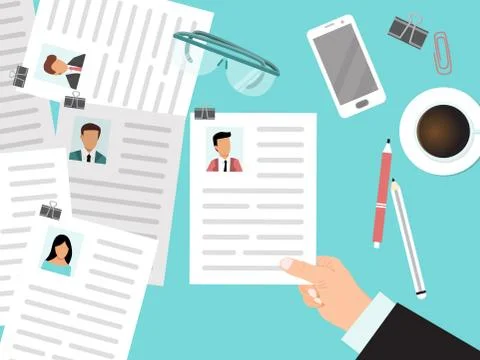 Recruitment with cv view from the top concept. HR manager looks through resumes Stock Illustration