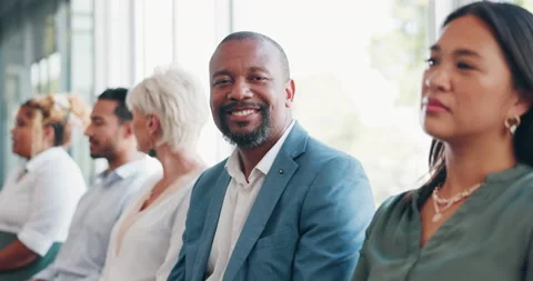 Recruitment hiring, queue and black man with smile, happy and plan for job Stock Footage 229462802