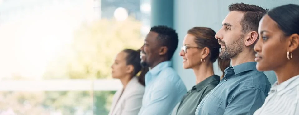Recruitment, interview and people in queue for work at finance, insurance or Stock Photos