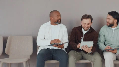 Recruitment, people or tablet with notes in waiting room for interview tips, job Stock Footage 312494966