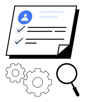 Recruitment process with profile sheet, gears, and magnifying glass Illustrazione stock
