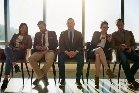 Recruitment, wait and queue of people with vacancy, discussion and digital notes Foto stock