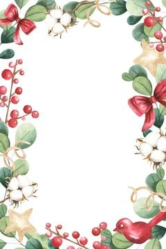 Rectangele frame green branches with red berries and flower rose, golden star Stock Illustration