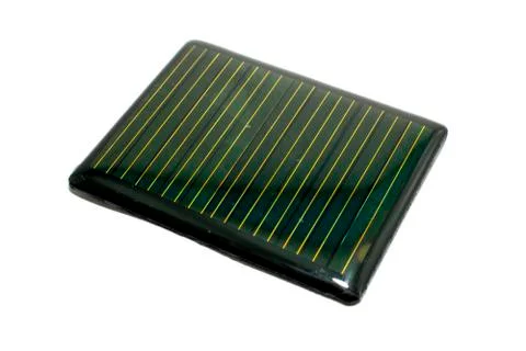 Rectangle 6 volt solar panel with yellow and black wire isolated on white Stock Photos