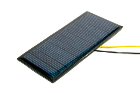 Rectangle 6 volt solar panel with yellow and black wire isolated on white Stock Photos