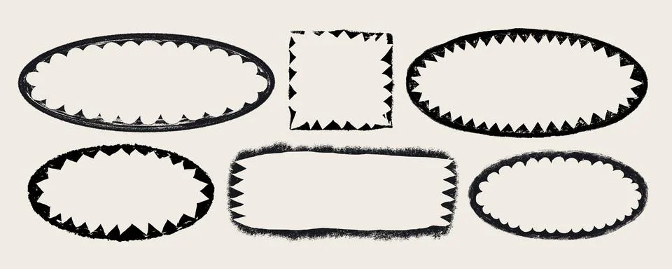 Rectangle and oval shape frames with rough textured edges. Grunge style black Illustrazione stock