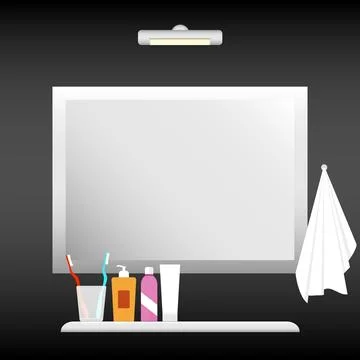 Rectangle bathroom mirror with shelf accessories lamp and white towel on 库存插图