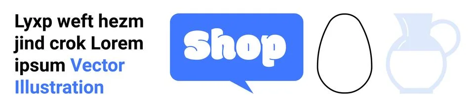 Rectangle with blue speech bubble shop icon, egg outline, and pitcher silhoue Stock Illustration