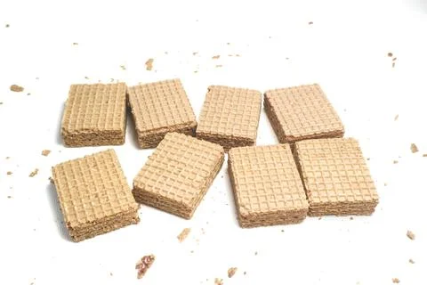 Rectangle chocolate wafer biscuits top view or flat lay. Isolated on white .. Foto stock
