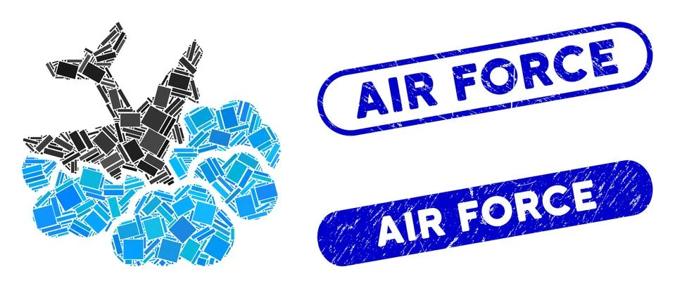 Rectangle Collage Aircraft Falls into Clouds with Distress Air Force Stamps Ilustración de archivo