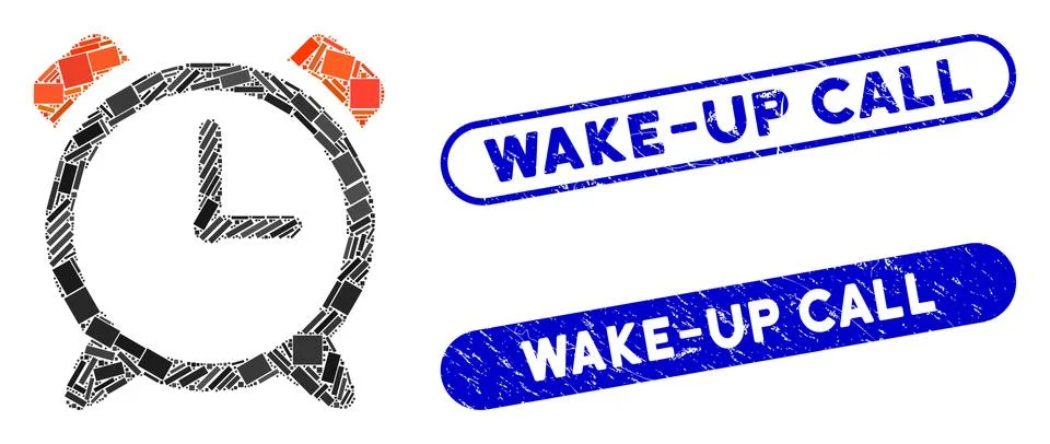 Rectangle Collage Alarm Clock with Scratched Wake-Up Call Seals Illustrazione stock