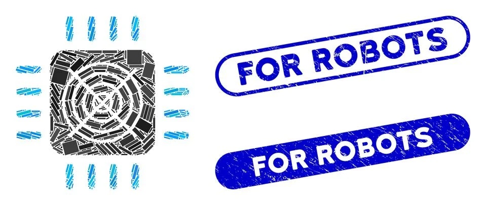 Rectangle Collage ASIC Processor with Textured For Robots Stamps Stock Illustration