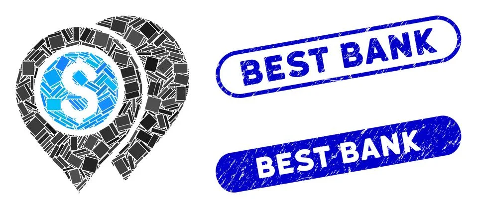 Rectangle Collage Bank Map Pointers with Distress Best Bank Seals Stock Illustration