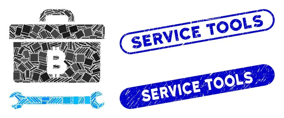 Rectangle Collage Bitcoin Toolbox with Distress Service Tools Stamps 库存插图