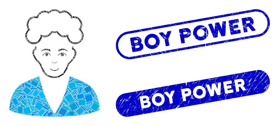 Rectangle Collage Blonde Boy with Scratched Boy Power Seals Illustrazione stock