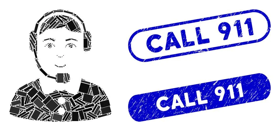 Rectangle Collage Call Center Operator with Grunge Call 911 Stamps 스톡 일러스트