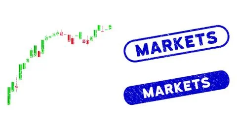 Rectangle Collage Candlestick Chart Growth Slowdown with Textured Markets Stamps イラスト素材
